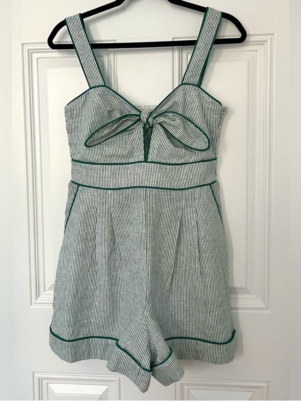 Caroline Constas Green White Striped Romper Large Women Linen Blend